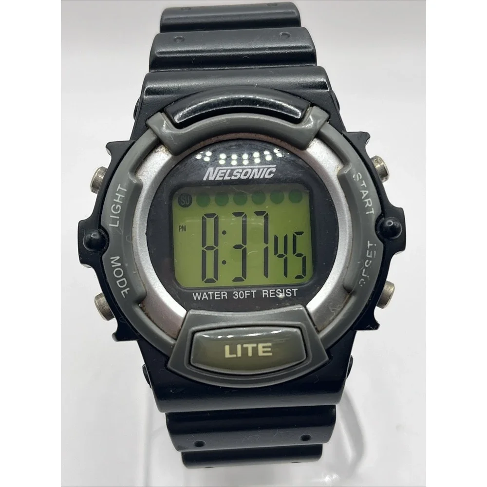 Mens Vintage Nelsonic Digital Watch Black Resin Band- New Battery